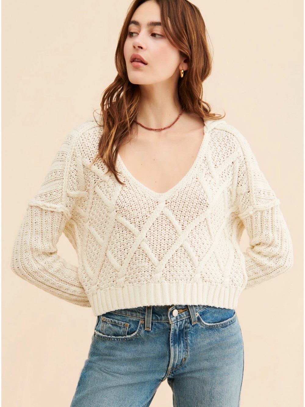 Free People Ivory V-Neck Diamond Cable Knit Sweater